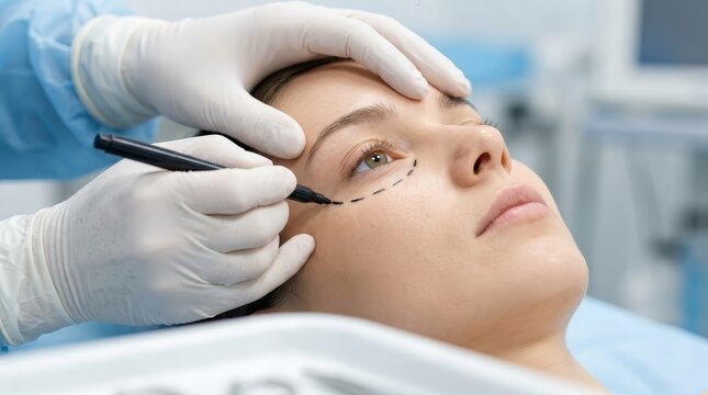 Close up of skin markings for blepharoplasty eyelid surgery on a woman's face.