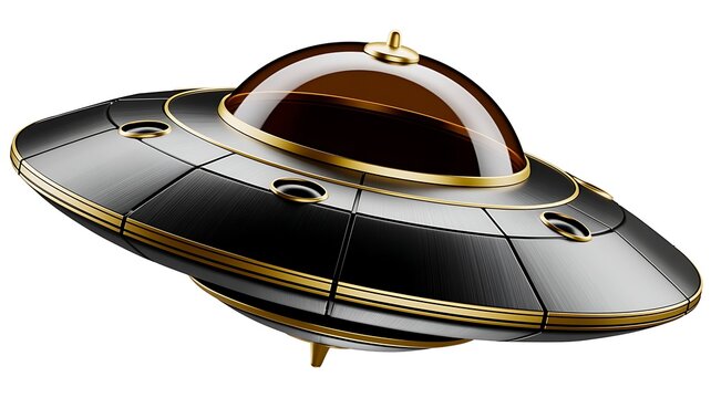 Futuristic UFO spacecraft with sleek metallic black exterior and gold trim details, sleek, metallic black exterior and gold trim details
