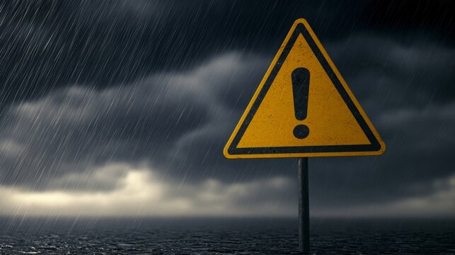 Dark cloudy sky with heavy rain and warning sign, severe weather alert concept for storm danger, natural disaster, climate risk, emergency preparedness and safety awareness