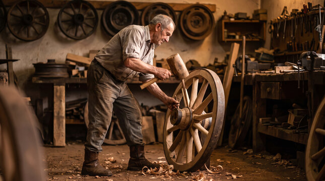 Master Wheelwright Hammering Wooden Wheel Rim in Dusty Workshop
