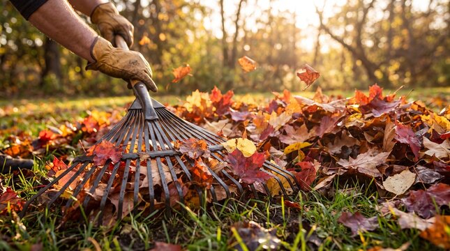 Person raking colorful autumn leaves in a garden during a sunny fall day