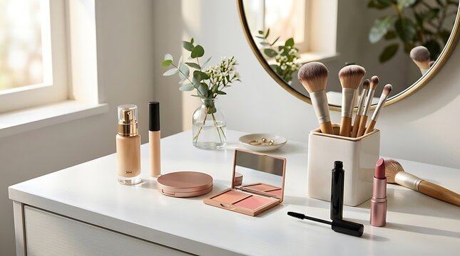 Professional makeup brushes and beauty products set on a bright modern vanity table in a sunny room. beginner makeup guide