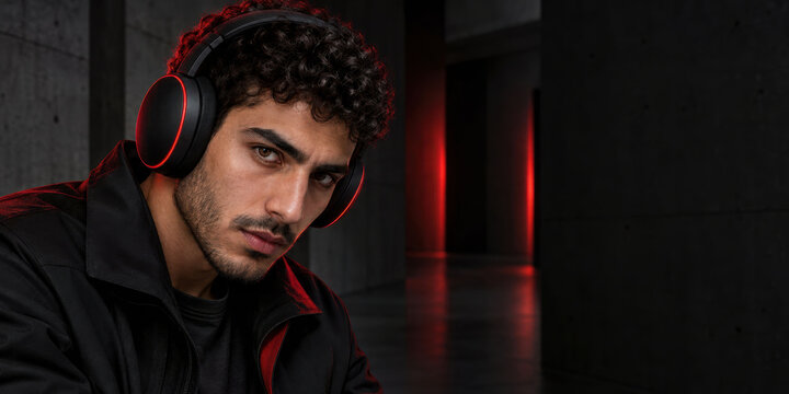 Intense Young Man Wearing Black and Red Wireless Headphones in Dark Interior
