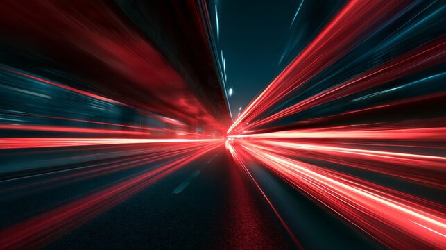 Abstract red light trails and motion blur of speeding car traffic on a dark urban highway at night, dynamic long exposure road background with glowing headlights, fast movement, asphalt texture, and m