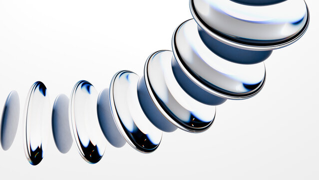 Abstract glass lens spiral reflection blue white transparent optical element floating on clean background with sleek curved form