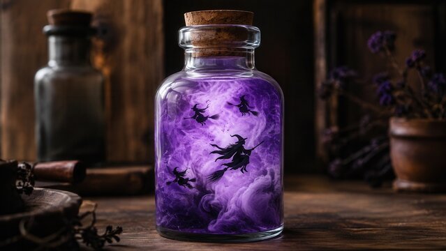 Glowing purple magic potion bottle with flying witches inside mystical Halloween spell glass jar concept