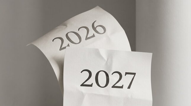 Two pieces of white paper showing the years 2026 and 2027.