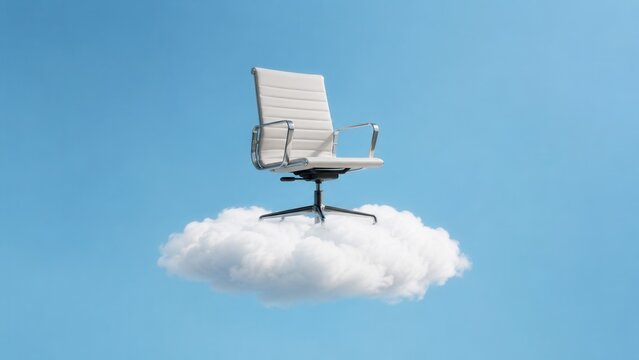 White office chair floating on a cloud symbolizing remote work cloud computing and modern business freedom