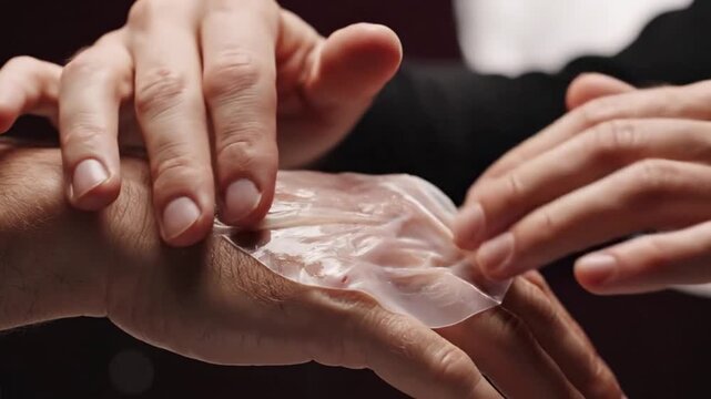Applying transparent gel patch on man's hand for skin healing.