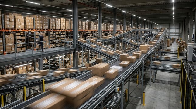 Busy modern warehouse with automated conveyor belts transporting numerous cardboard boxes, showcasing logistics and efficient distribution.