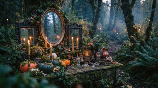 Enchanted forest altar with pumpkins, candles, and mystical objects