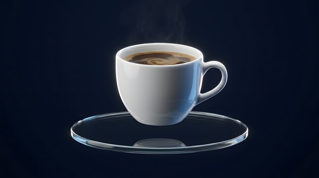 White ceramic coffee cup with dark coffee and steam floating above a clear wallpaper backgrond