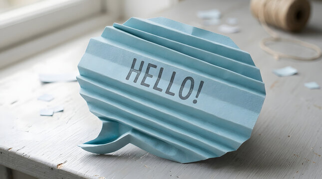 Blue folded paper speech bubble with hello text