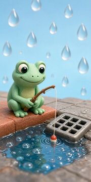 3D render of a cute green frog fishing in a street puddle. Playful stylized amphibian character with a fishing rod near a metal drain in the rain