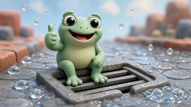 3D render of a smiling green frog giving a thumbs up while sitting on a street drain. Cute cartoon amphibian character in the rain on wet cobblestones