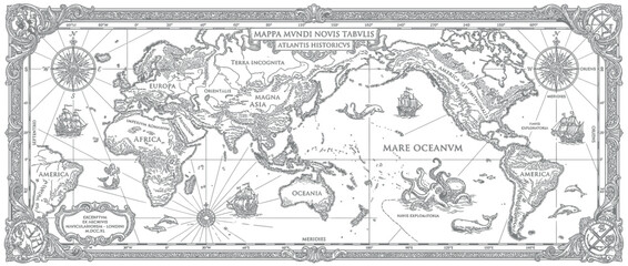 Obraz premium Vintage World Map Illustration with Ships and Sea Creatures