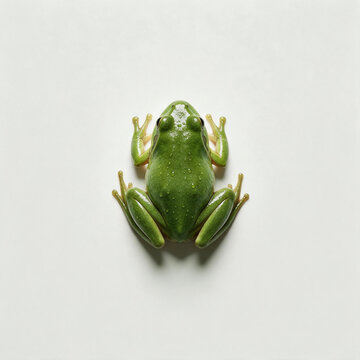Top view of a wet green tree frog with water drops on a white background. Overhead flat lay of an isolated tropical amphibian. Copy space for text