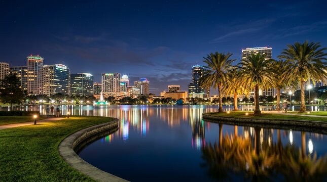 Luminous Orlando cityscape at night with waterfront reflections and tall buildings.