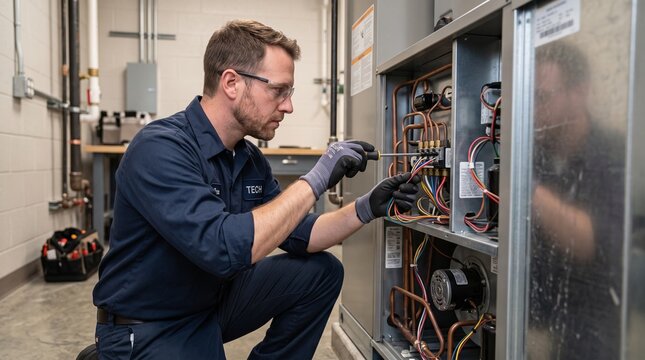 HVAC technician inspecting and repairing an air conditioning unit with electrical wiring in a commercial service room