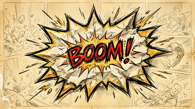 Comic book boom speech bubble on vintage paper background