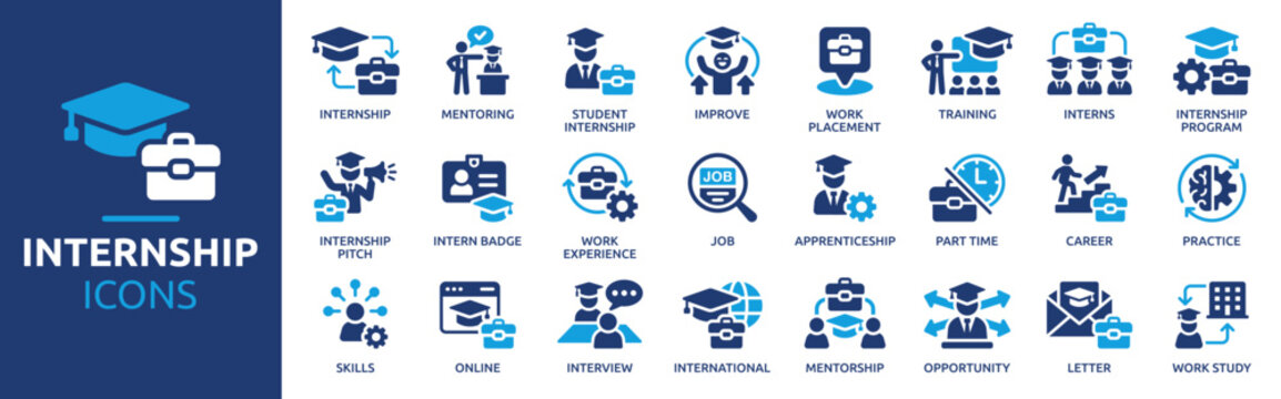 Internship Icon Set. Containing Student Internship, Internship Program, Work Placement, Career, Job, Training, Mentorship and Professional Development Solid Vector Icons Collection