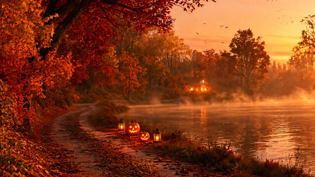 ジャック・オー・ランタンが灯る秋の湖畔 ハロウィンの夕暮れ風景背景