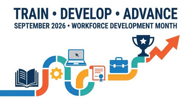 Workforce development month concept with career growth path icons isolated on white background