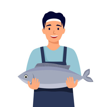 Smiling fish seller in apron holding large fish on white background vector illustration