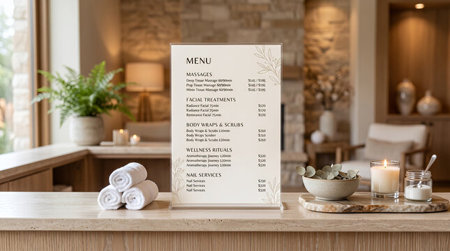 Spa services menu and price list at wellness reception, massage treatments and beauty care