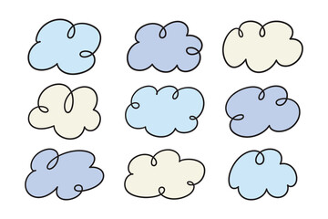 Obraz premium Hand drawn doodle cloud pattern with soft pastel blue and cream shapes, bold black outlines, rounded forms, and playful repeat layout for decorative background use