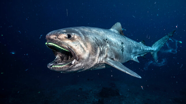 A fierce great white shark swimming through the deep blue ocean with its mouth wide open