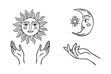 Obraz premium Hands holding sun and hand holding moon, mystical concept, monochrome line art hand drawn style