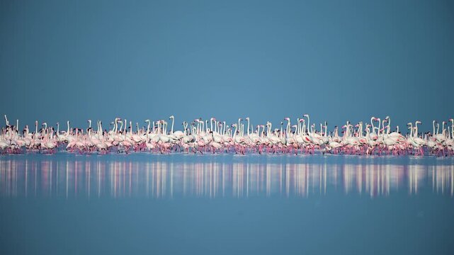 A large flock of flamingos wades through the calm waters of Sambhar Lake, Rajasthan, as soft golden light and pastel reflections create a serene and atmospheric wildlife scene.