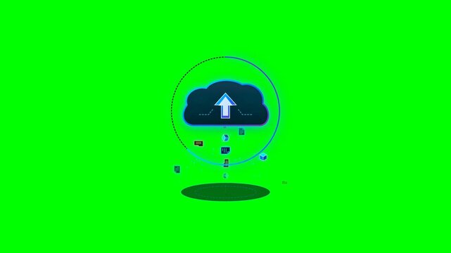 Digital Cloud Upload Icon Animation on Green Screen Background.