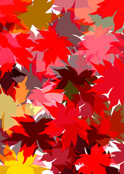 Composi&ccedil;&atilde;o abstrata com folhas estilizadas sobrepostas em tons vibrantes de vermelho, rosa, laranja, amarelo e marrom, criando uma estampa din&acirc;mica e contempor&acirc;nea.