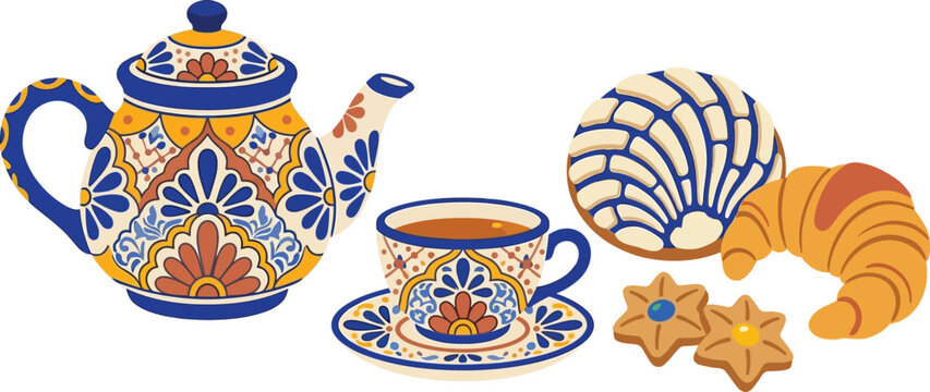 Traditional Mexican Talavera Ceramic Teapot and Cup Set with Mexican Sweet Bread Concha Croissant and Star Pastries for Caf&eacute; Menu and Cultural Designs