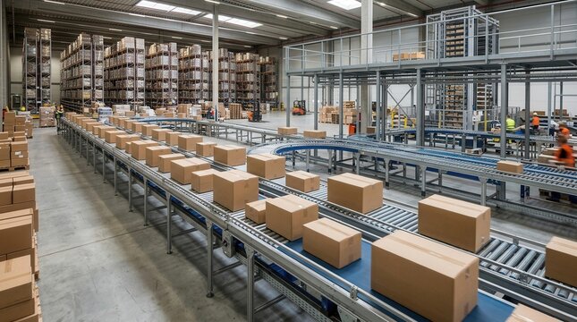 Automated warehouse with conveyor belts transporting cardboard boxes, showcasing modern logistics and efficient supply chain operations.