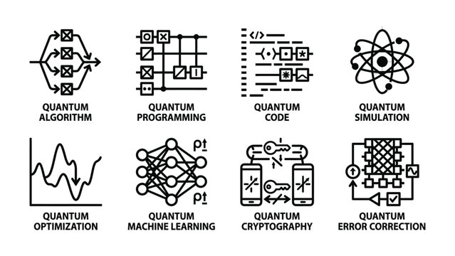 Quantum Computing Icons Set: A comprehensive collection of minimalist line icons illustrating key concepts in quantum computing, including algorithms, programming, code, simulation, optimization.