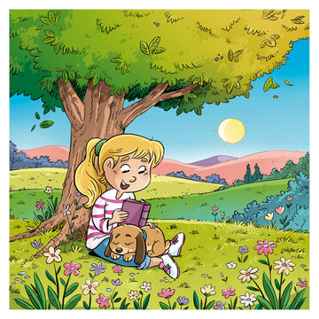 Illustration of a girl and a dog reading a book under a tree, children's illustration