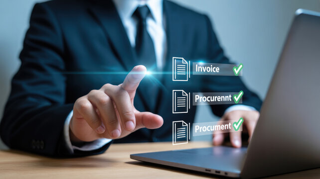 Businessman interacting with a digital interface for invoice and procurement management on a laptop with digital documents approval professional suit uses