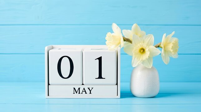 May 1st date on a white wooden calendar beside white spring flowers on a blue background.