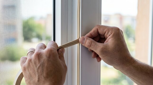 Worker installing rubber sealing tape on a window frame to prevent wind and noise.