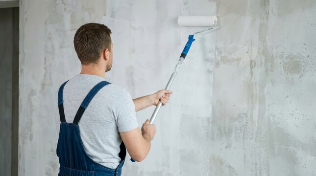 Male construction worker applying primer to a gray wall using a long roller.