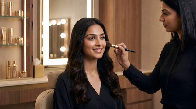 A professional makeup artist applying foundation to a beautiful young woman in a luxury beauty salon studio setting