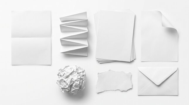 Collection of Blank White Paper Mockups Including Crumpled, Folded, Torn, and Stacked Sheets with Envelope