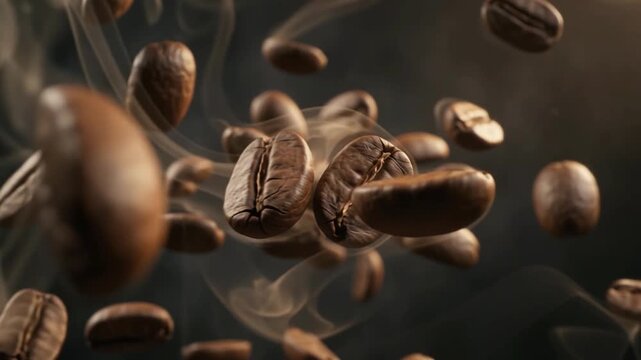 Roasted Coffee Beans Flying and Levitating in Air Slow Motion