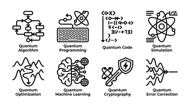 Quantum Computing Concepts: A collection of clean, modern line art icons representing key concepts in quantum computing, including algorithms, programming, simulation, cryptography.