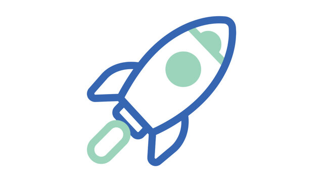 Blue and green rocket icon featuring bold rounded outlines and a minimalist flat vector style