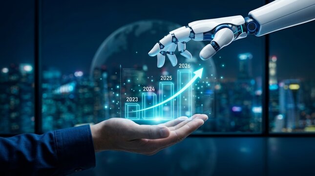 Futuristic AI financial assistant projecting a growth forecast and management strategy through