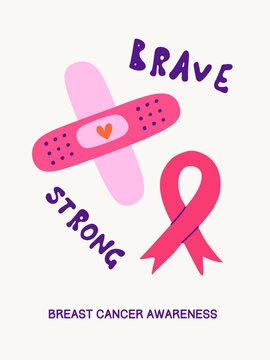 Breast Cancer Awareness Poster, Flat Hand Drawn Vector Illustration, Medical Bandage and Pink Ribbon Design, Support and Hope Concept Art, Campaign Card Infographic Template